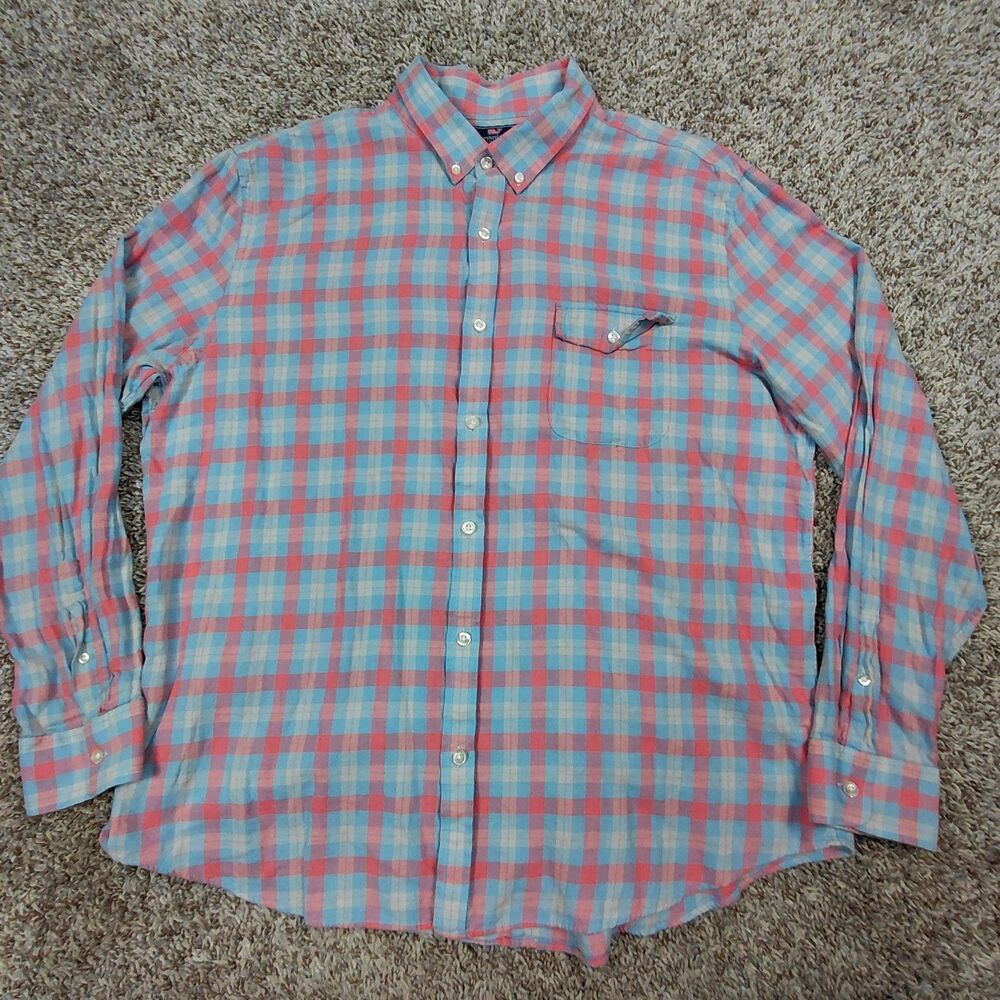Vineyard Vines Shirt Mens 2XL XXL Plaid Slim Fit Crosby Cotton Linen Button Down